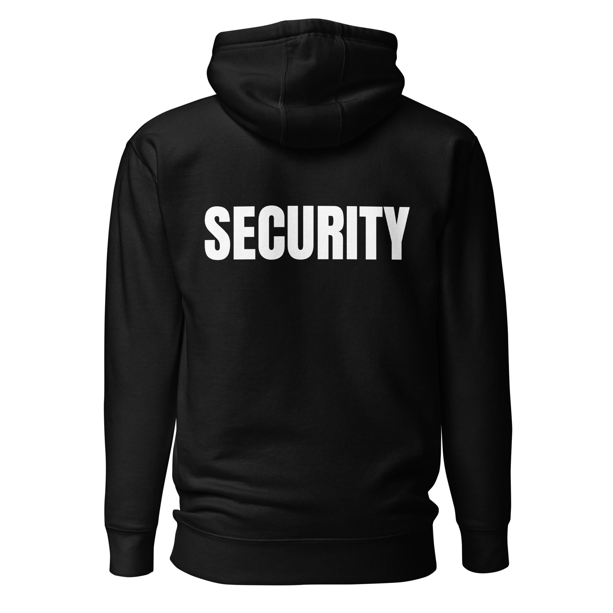 SECURITY Hoodie, Unisex. Slimmer fit. WHITE Lettering Full Size Front Print. Size S-3XL