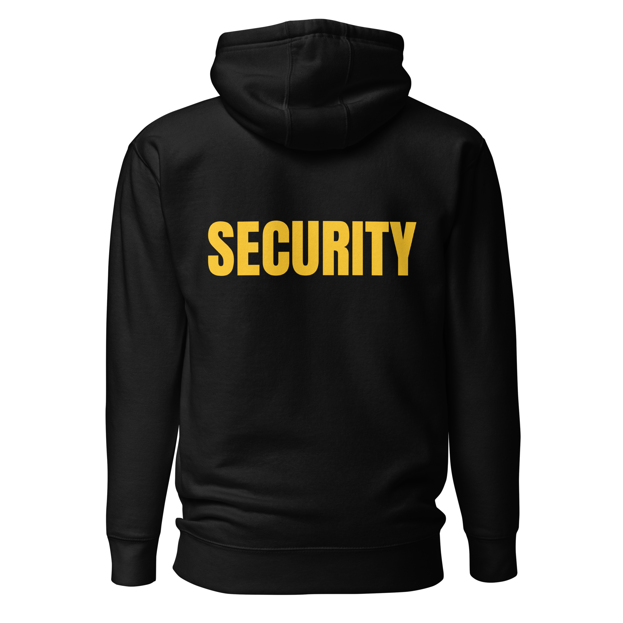 SECURITY Hoodie, Unisex. Slimmer fit. Yellow Lettering Full Size Front Print. Size S-3XL
