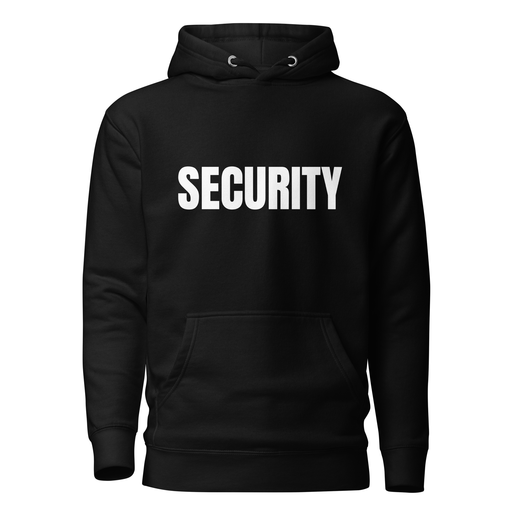 SECURITY Hoodie, Unisex. Slimmer fit. WHITE Lettering Full Size Front Print. Size S-3XL