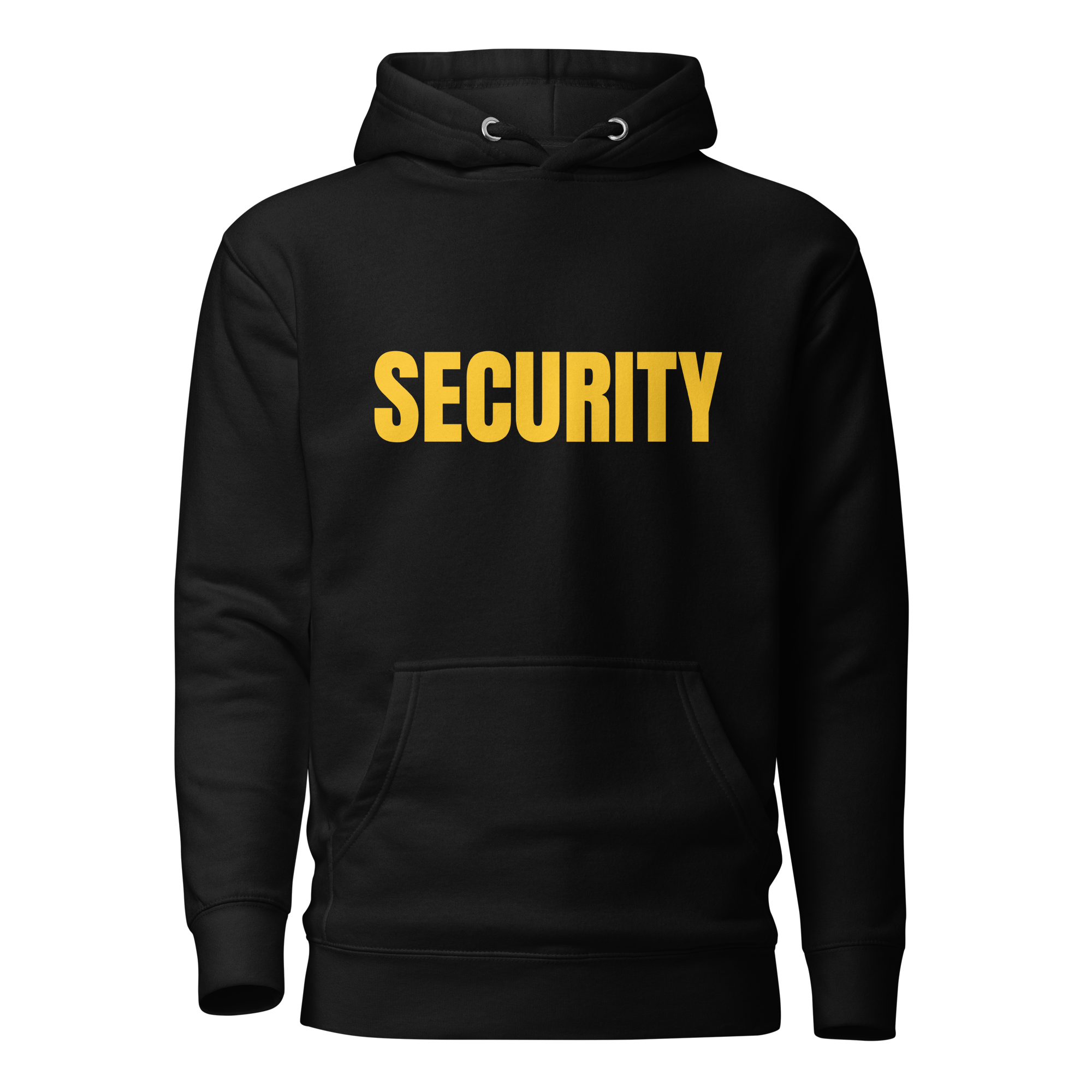 SECURITY Hoodie, Unisex. Slimmer fit. Yellow Lettering Full Size Front Print. Size S-3XL