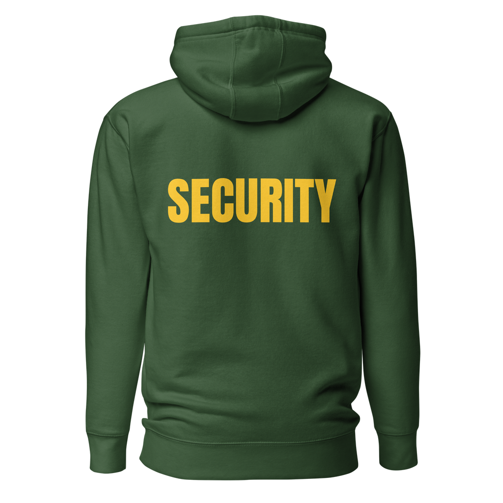 SECURITY Hoodie, Unisex. Slimmer fit. Yellow Lettering Full Size Front Print. Size S-3XL