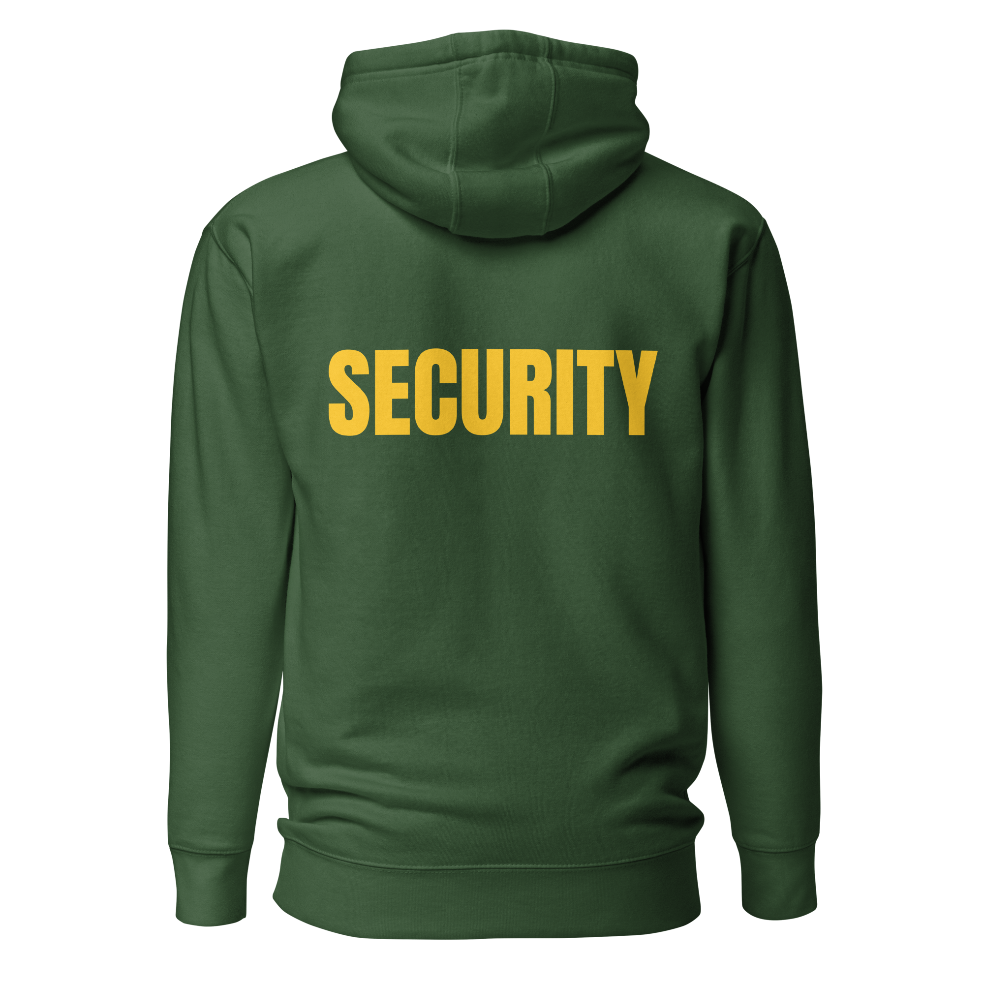 SECURITY Hoodie, Unisex. Slimmer fit. Yellow Lettering Full Size Front Print. Size S-3XL