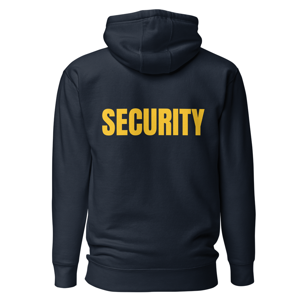 SECURITY Hoodie, Unisex. Slimmer fit. Yellow Lettering Full Size Front Print. Size S-3XL