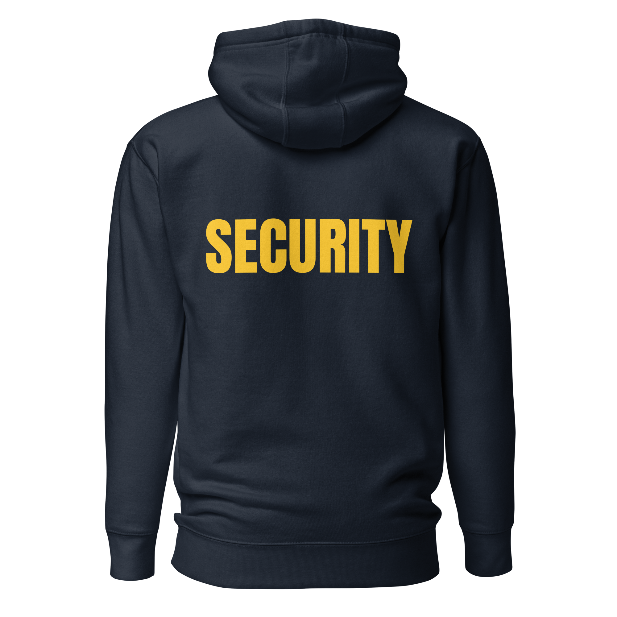 SECURITY Hoodie, Unisex. Slimmer fit. Yellow Lettering Full Size Front Print. Size S-3XL