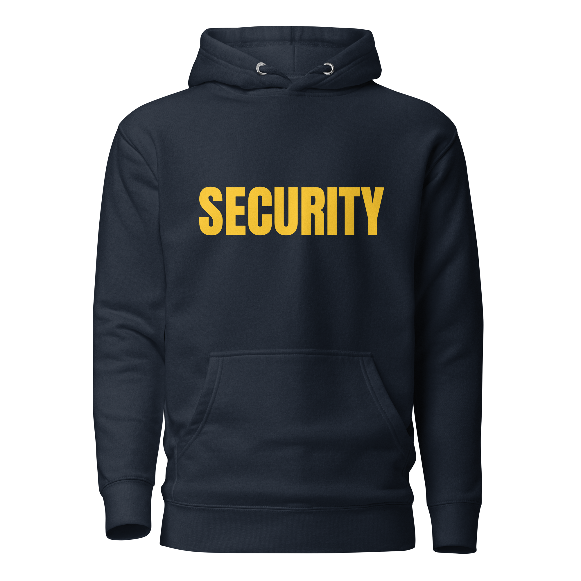 SECURITY Hoodie, Unisex. Slimmer fit. Yellow Lettering Full Size Front Print. Size S-3XL