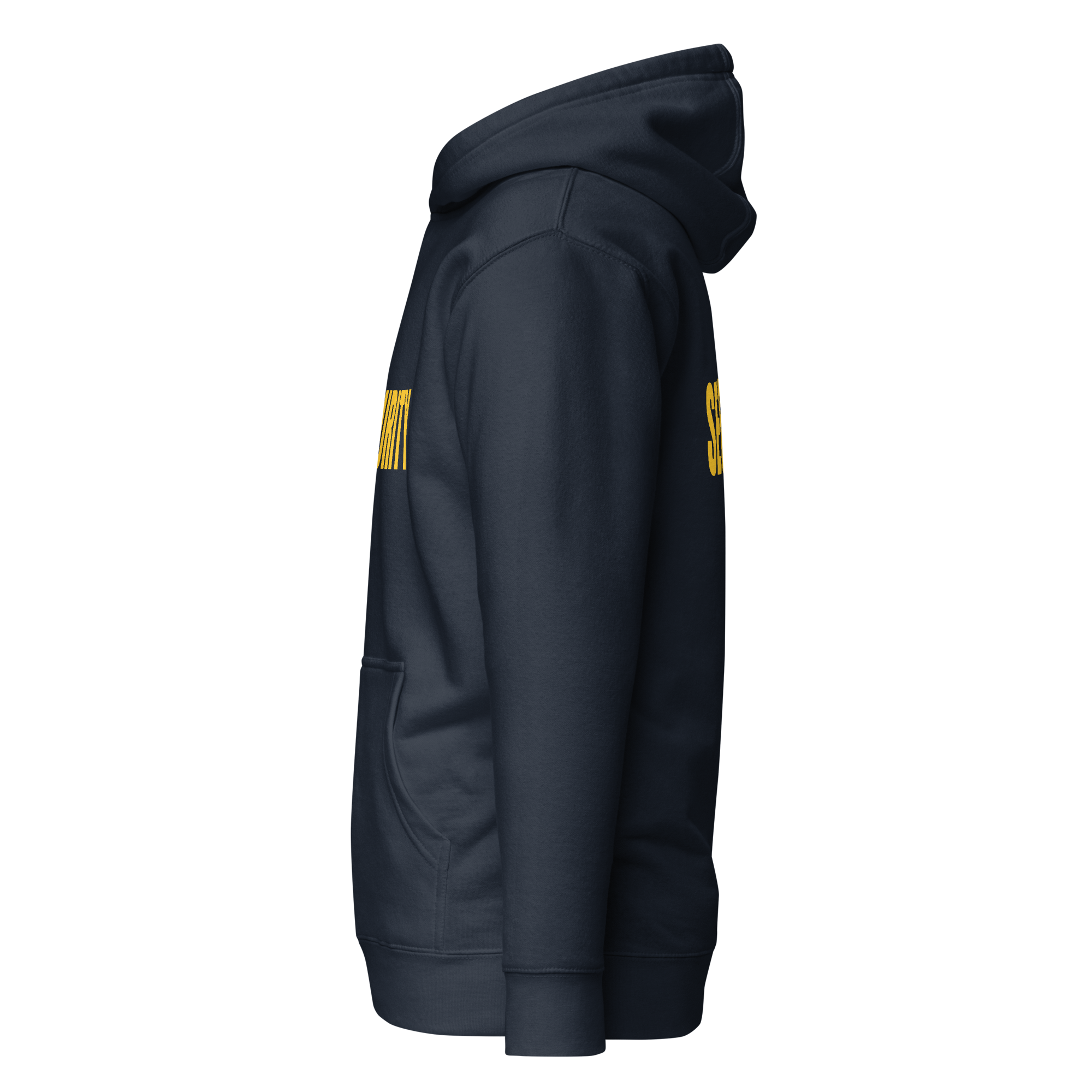 SECURITY Hoodie, Unisex. Slimmer fit. Yellow Lettering Full Size Front Print. Size S-3XL