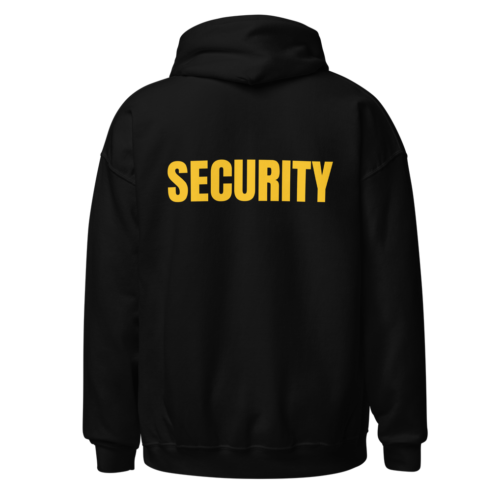 SECURITY Hoodie, Unisex, Relaxed Fit, Yellow Lettering Full Size Front Print, Size Small-5XL
