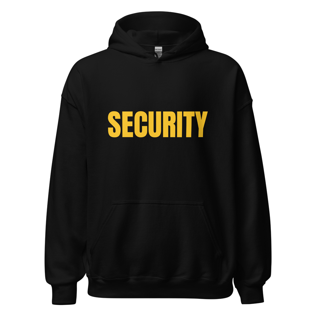 SECURITY Hoodie, Unisex, Relaxed Fit, Yellow Lettering Full Size Front Print, Size Small-5XL