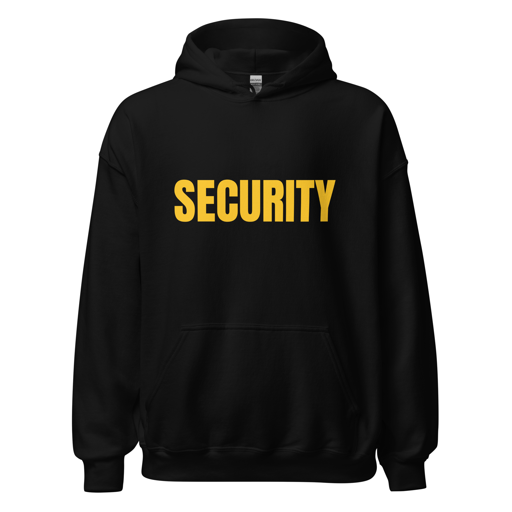 SECURITY Hoodie, Unisex, Relaxed Fit, Yellow Lettering Full Size Front Print, Size Small-5XL