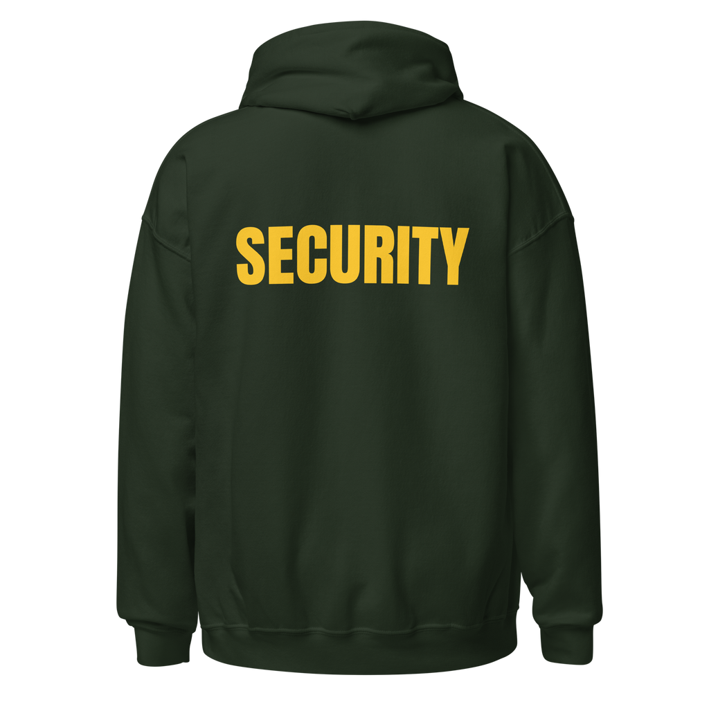 SECURITY Hoodie, Unisex, Relaxed Fit, Yellow Lettering Full Size Front Print, Size Small-5XL