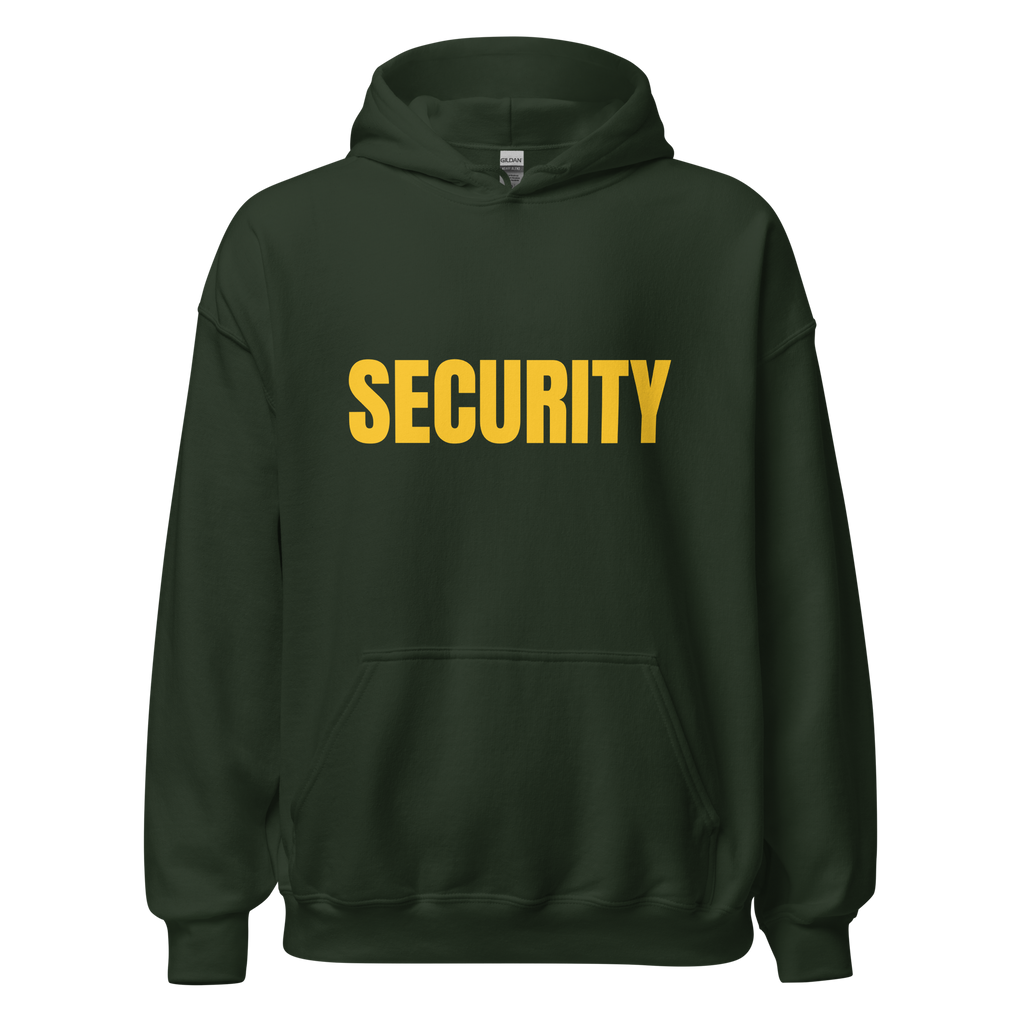 SECURITY Hoodie, Unisex, Relaxed Fit, Yellow Lettering Full Size Front Print, Size Small-5XL
