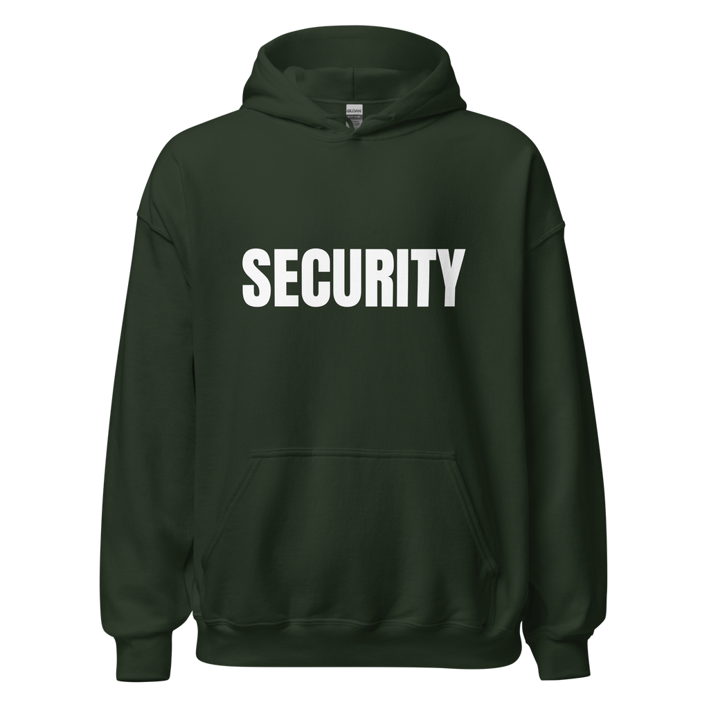 SECURITY Hoodie, Unisex, Relaxed Fit, WHITE Lettering Full Size Front Print. Size S-5XL