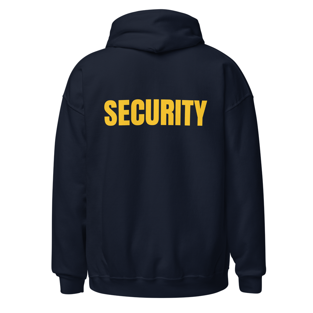 SECURITY Hoodie, Unisex, Relaxed Fit, Yellow Lettering Full Size Front Print, Size Small-5XL