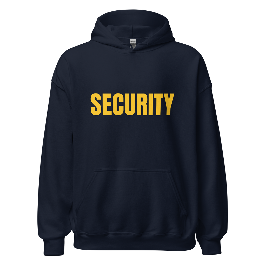 SECURITY Hoodie, Unisex, Relaxed Fit, Yellow Lettering Full Size Front Print, Size Small-5XL